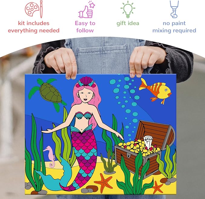 goldentime 3 Framed Canvas Paint by Numbers for Kids Ages 6 8 10 12 –Easy Paint by Numbers Kit for Kids and Adults –Unicorn Painting Kit for Girls, Mermaid Crafts for Girls Ages 6-8-12…