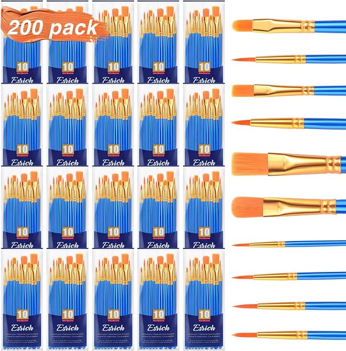 ESRICH 200PCS Paint Brushes, Paint Brush for Acrylic Painting | Artist Paintbrushes for Oil Watercolor, Body Face Rock Canvas, Small Paint Brushes for Kids
