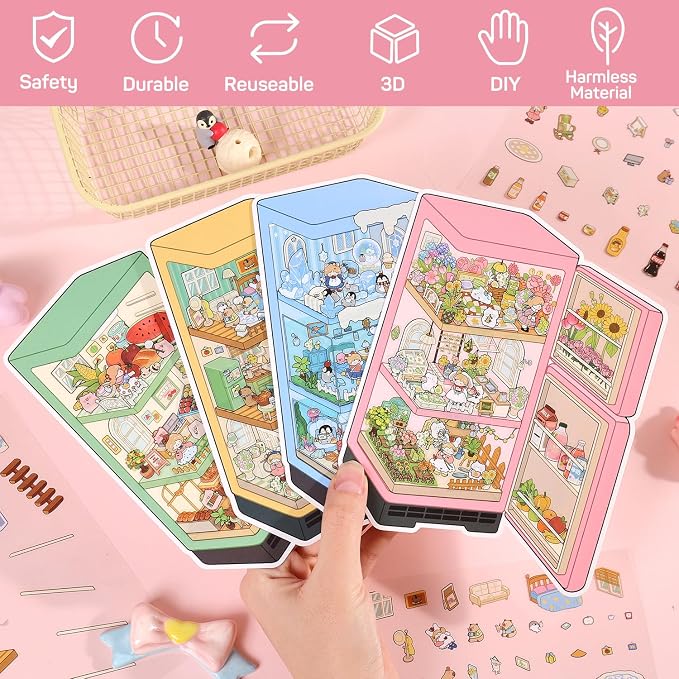 Girls 3D Miniature Scene Stickers,4 Sets Mini Refrigerator DIY House Stickers for Summer Stalls,Colorful World,Underwater World,Warm Home,3D Sticker Scenes for Adult Kids Relief Stress Pass The Time