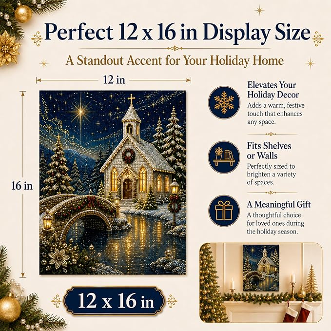 DIY Christmas Pearl Diamond Painting Kit, 5D Pearl Art Craft for Adults and Beginners, Christmas Church and Jesus Wall Decor, Holiday Gifts, 12 x 16 Inch (Church Design E)