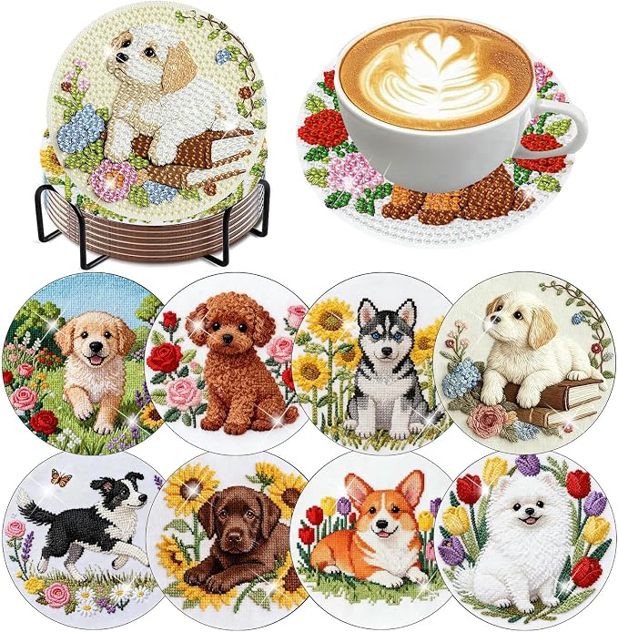 mrpwnle 8 Pcs Diamond Art Coasters Kits, Dog Diamond Painting Coasters Kit