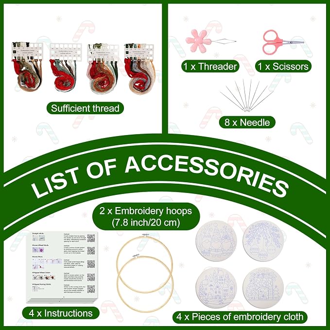 Santune Christmas Embroidery kit,Fall Needlepoint Cross Stitch Kits for Beginners Adult,Needle Point Sets,4 Embroidery,2 Hoops,Christmas Ornaments