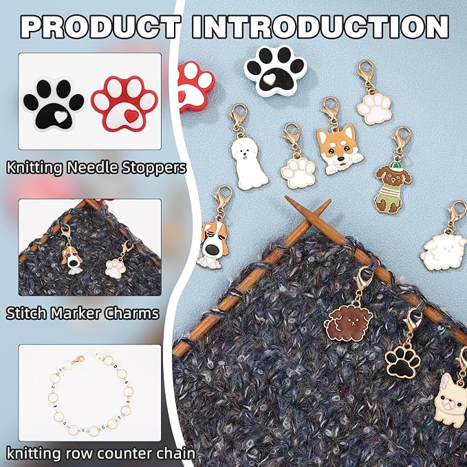 COGCHARGER DIY Knitting Tool Sets 18Pcs Including Dog Alloy Enamel Crochet Stitch Markers Knitting Row Counter Chains Silicone Knitting Needle Stoppers for Knitting Project