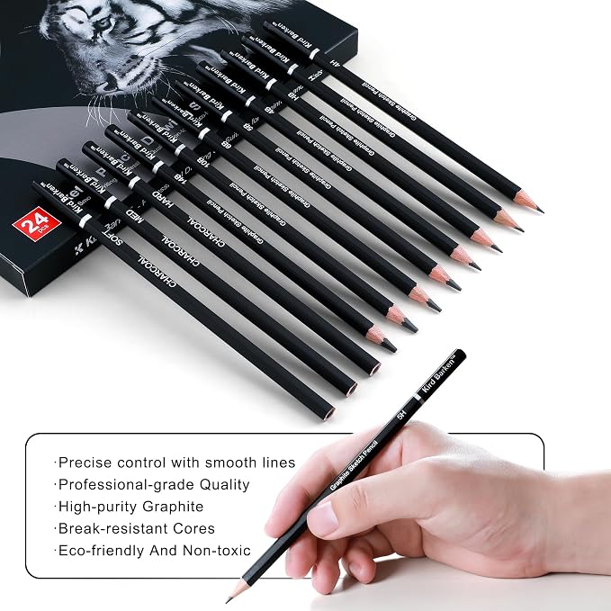 24PCS Professional Sketch Pencil Set – 5H to 14B Pencils, Charcoal Pencils, Art Supplies Kit with Erasers, Sharpener, Knife – Ideal Gift for Artists, Students, Kids, Beginners