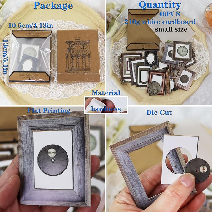 CATaireen Vintage Junk Journal Items Kit Pre Cut Paper Cards Cutout Cardstock Art Aesthetic Decor Hollow Out Craft Elements Small Embellishments Supplies for Adults Scrapbook Pack (Photo Frame Dark)