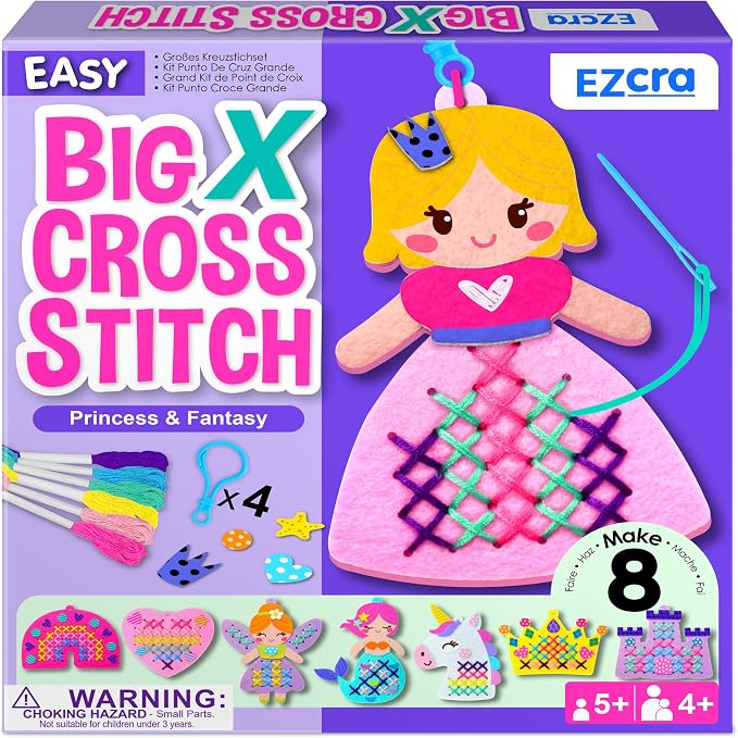 EZCRA Princess Cross Stitch Kit for Kids Ages 4-8, 8 No Mess Felt Projects