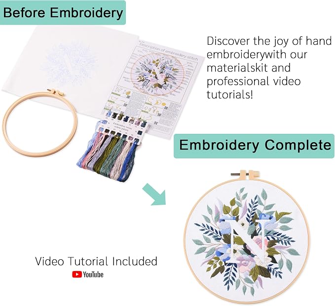 Harimau Letter N Pattern Embroidery Kit for Adult Beginners, Complete Starter Pack with 1 Hoop, Needles, Instruction Guide & Embroidery Stitch Video Tutorials