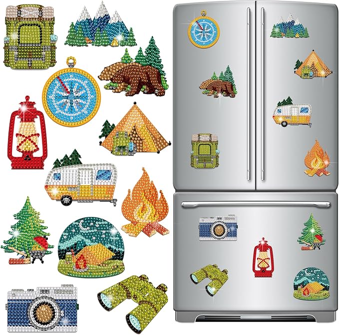 Zonon 12 Pcs Camping Diamond Art Magnets Kits for Fridge DIY Stickers | Outdoor Theme Designs, Diamond Magnetic Backing for Refrigerator and Camper Decor,Easy Craft for Adults,