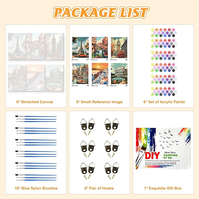 KEYIFA 6 Pack Paint by Numbers Kit, Stretched Canvas Boards for Painting for Adults, No Crease Acrylic Oil Painting for Students Beginners Favor Sip & Paint Party Supplies, Vintage Cityscape (8x12)