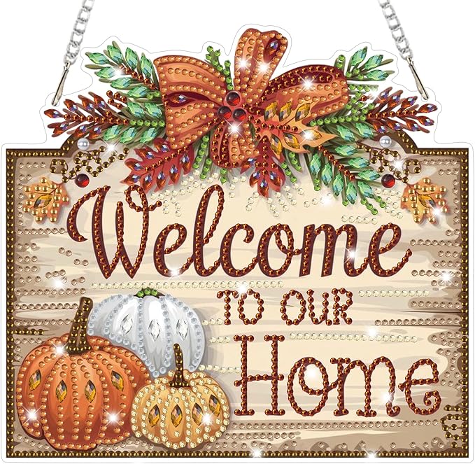 Bowetile Fall Diamond Art Hanging Kits for Adults, Welcome to Our Home Diamond Art Suncatchers, 5D Special Shape Autumn Diamond Painting Pendant Window Ornament Gifts for Home Door Wall Decor
