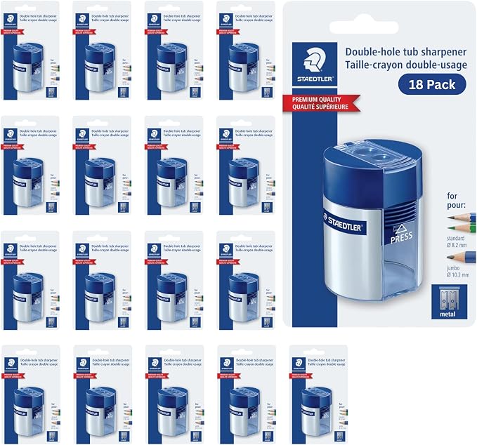 STAEDTLER Double-Hole Tub Pencil Sharpener, 18 Pack | Dual Size Manual Sharpener for Standard Graphite & Colored Pencils, Compact Design
