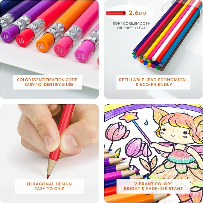 24 Mechanical Colored Pencils with 24 Refills, Oil-Based Soft Core
