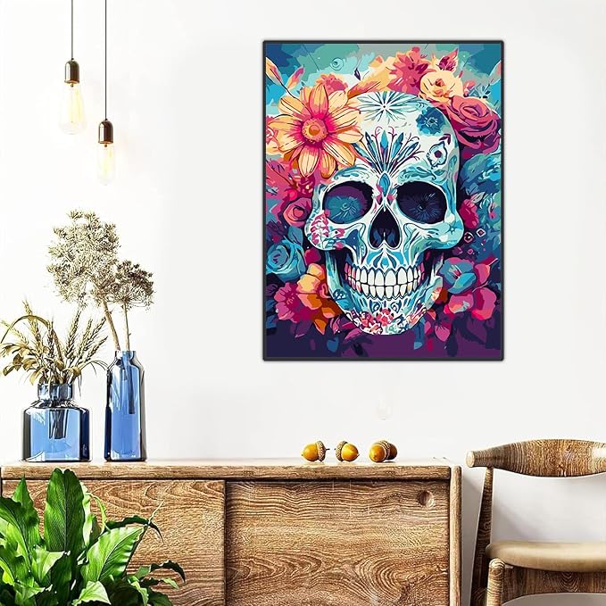 Meothan Framed Paint by Numbers Kits for Adults 12x16in with Wooden Easel | Skull Paint by Number on Canvas, DIY Skull Flowers Acrylic Oil Painting Kits with Brushes for Home Wall Decor (30x40cm)