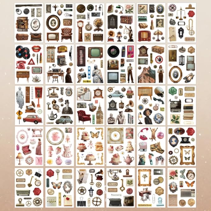 PRSTINCOL Vintage Sticker Book with 30 Pages and 300+ Aesthetic Stickers for Scrapbooking Supplies and Retro Bullet Journal