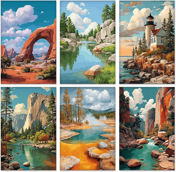 KEYIFA 6 Pack Paint by Numbers Kit, Stretched Canvas Boards for Painting for Adults, No Crease Acrylic Oil Painting for Students Beginners Favor Sip & Paint Party Supplies, Natural Landscape (8x12)