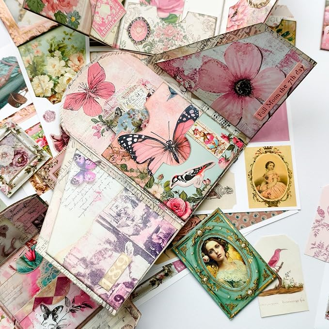 ZHIJIANHZ Junk Journal Kit Pink Romantic Ephemera Set for Scrapbooking