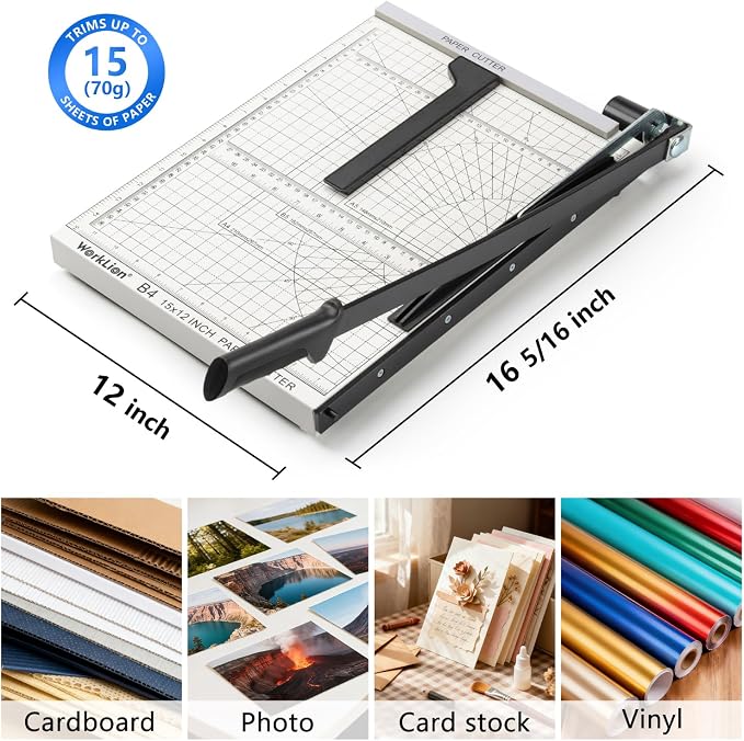 15 inch Guillotine Paper Cutter: Worklion Precision Paper Trimmer with Safety Lock,15 Sheet Capacity, Thickened Metal Based Cutting Board for Crafting Cardstock Photos Laminatedsheets in Class/Office