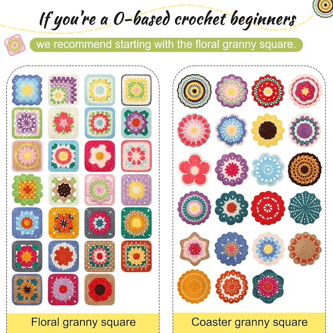 Katech Crochet Kit for Beginners, 50 Granny Squares Kit for Adults Beginner