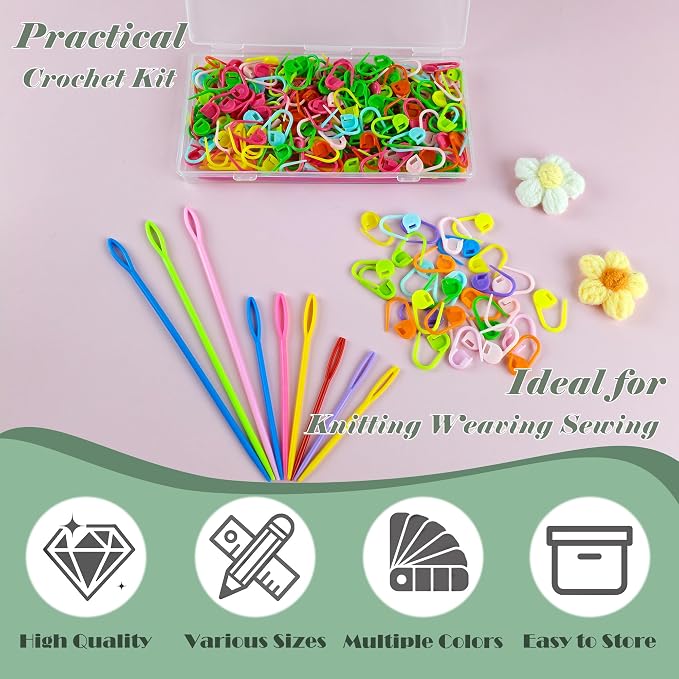 DeliaVo 200Pcs Stitch Markers for Crocheting and 9Pcs Yarn Needles Kit