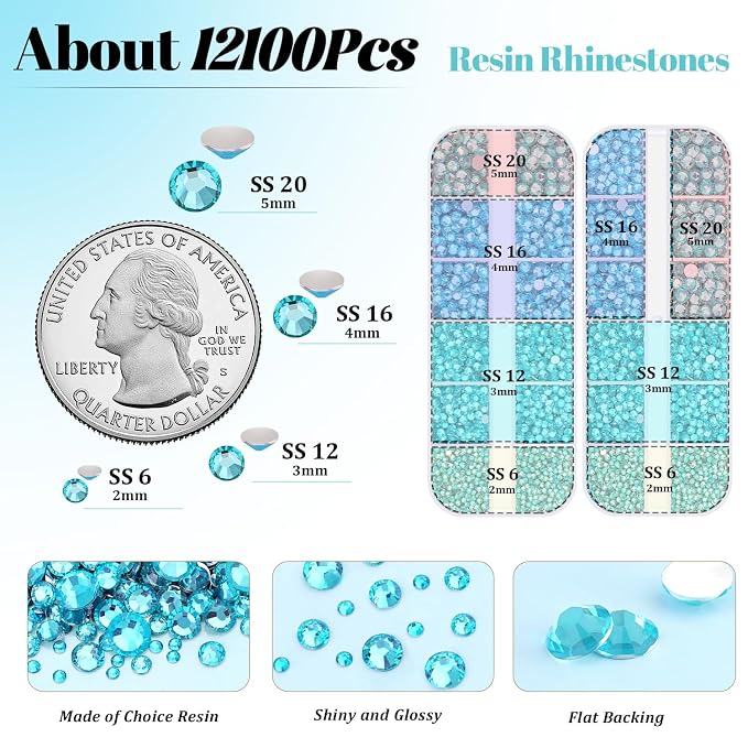 12100Pcs Resin Rhinestones for Crafting with 3Pcs 10ml B7000 Jewelry Glue, 2 Boxes Flatback Crystals Diamond (Teal Blue) for Bedazzling Crafts DIY Nail Art，Non Hotfix Gems for Clothing Shoes