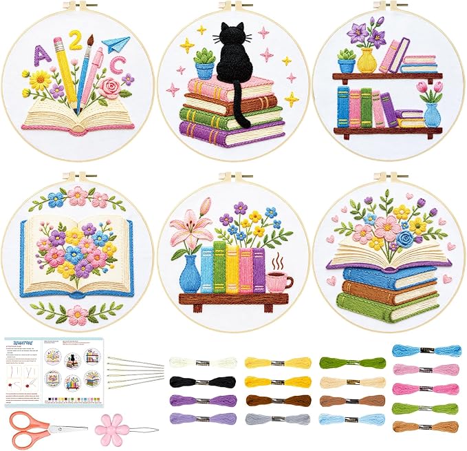 BEUNITONE 6 Set Embroidery Kit for Beginner Adults, Books & Flowers Cross Stitch Set with Stamped Pattern Hoops Threads Cloth Needles, Embroidery Starter Kit for Gifting and Home Decoration