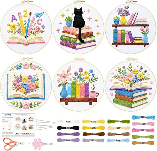 BEUNITONE 6 Set Embroidery Kit for Beginner Adults, Books & Flowers Cross Stitch Set with Stamped Pattern Hoops Threads Cloth Needles, Embroidery Starter Kit for Gifting and Home Decoration