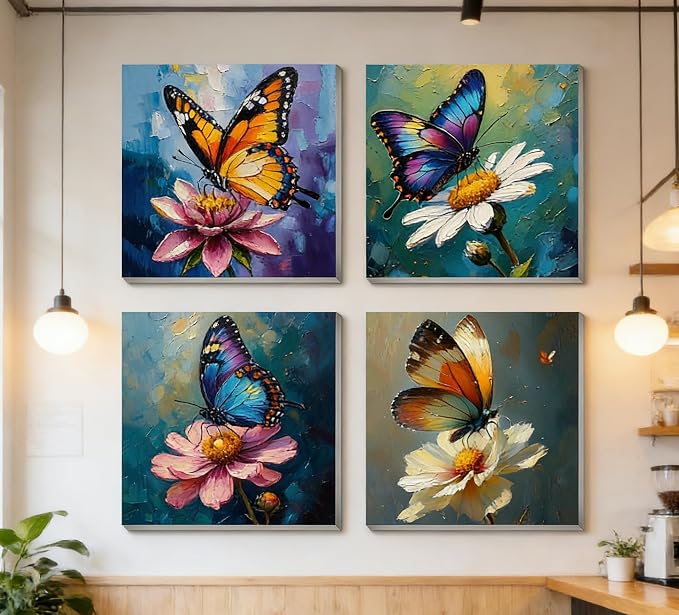 Canrichshop 4 Pack Butterfly Paint by Numbers for Beginner with Frame,Colorful Butterfly Adult Paint-by-Number Kits on Canvas, DIY Number Painting for Adults for Decor 8X 8 inch