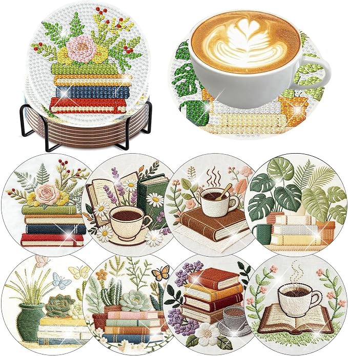 mrpwnle 8 Pcs Diamond Art Coasters Kits DIY Book Diamond Painting Coasters