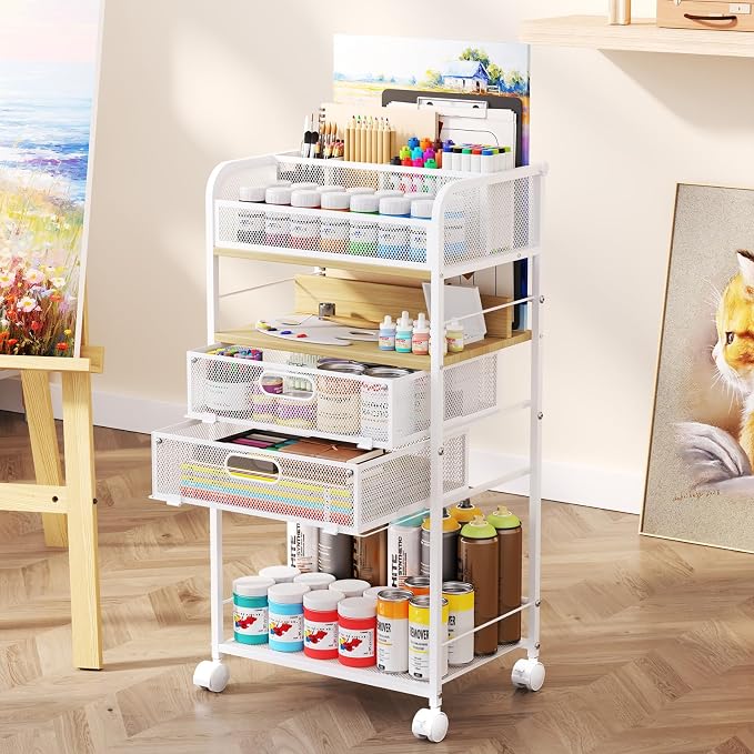 Homsorout Art cart, 5 Tier Rolling Cart - Utility Cart with Storage Drawer and Wheels, Versatile Art & Craft Organizer for Home, Office, or Studio Ideal for Storing Brushes, Paints （Maple）