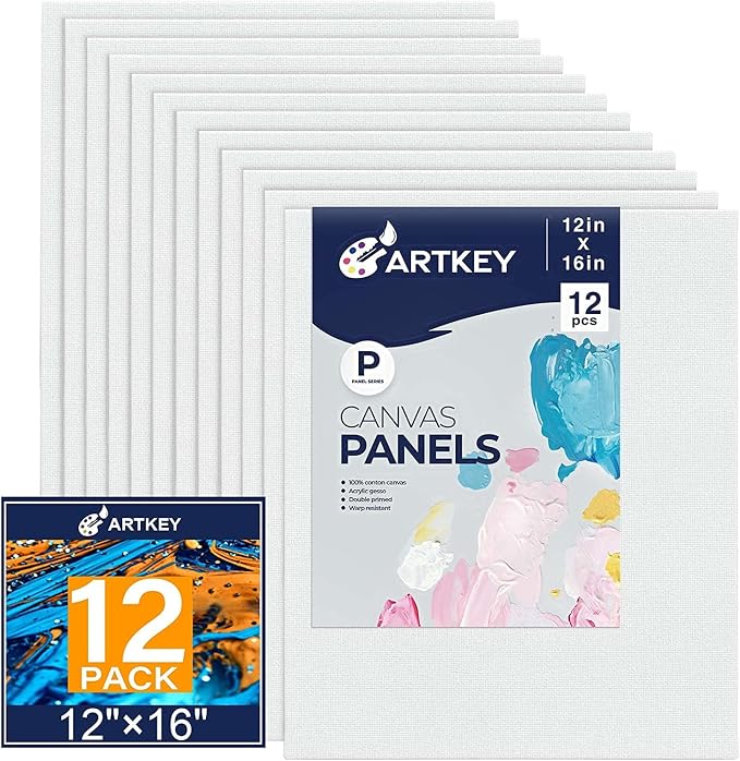Canvas Panels 12x16 Inch 12-Pack, 10 oz Primed 100% Cotton Canvases for Painting, White Blank Flat Canvas Board for Oil Acrylics Watercolor Tempera Paints