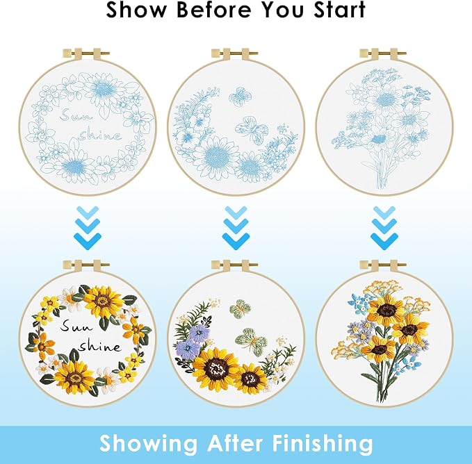 ERKOON 3 Sets Embroidery Kit, Floral Cross Stitch Set for Include Embroidery Cloth Hoops Threads for Craft Lover Hand Stitch (Sunflower)