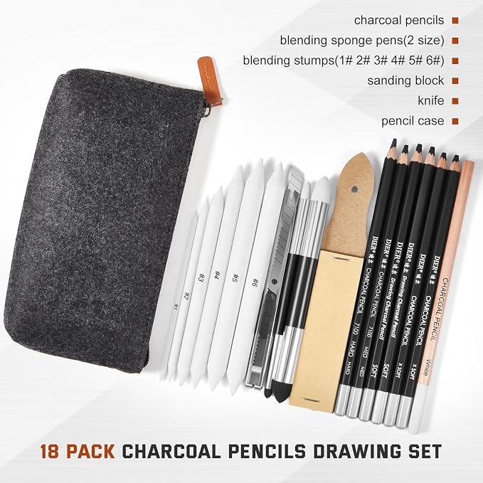 Kosiz 18 Pcs Charcoal Drawing Set Sketch Kit Black Charcoal Pencils, White, Double Headed Blending Sponge Pen Blending Stumps Sanding Block Knife Pencil Case, Artist Pencils for Beginners and Artists