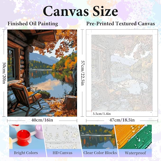 Paint by Numbers Kit for Adults, Fall Lake Cabin Number Painting Canvas Kit | DIY Acrylic Painting Set for Beginners, Stress Relief Relaxing Craft, Home Wall Decor, Holiday Gift for Adults, 16x20 Inch