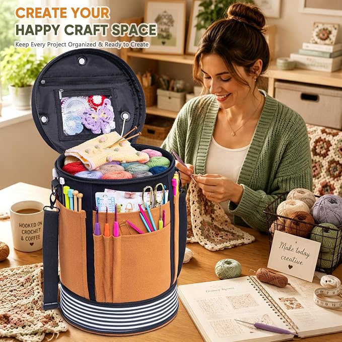 Canvas Yarn Storage Organizer with Removable Dividers, Crochet&Knitting Bag | Expandable canvas yarn organizer with removable dividers, yarn feed holes, project storage and multiple tool pockets