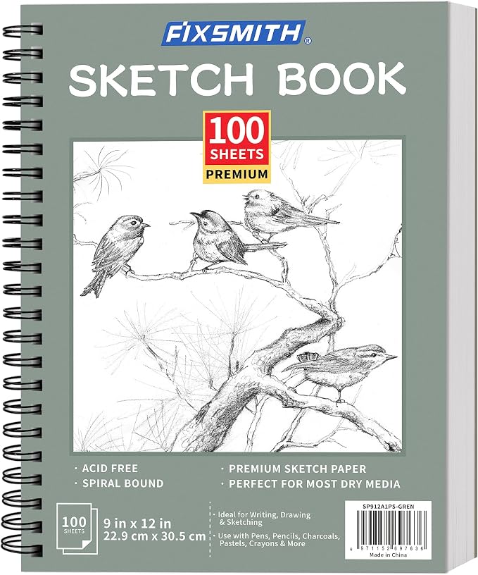 FIXSMITH 9"X12" Sketch Book, 100 Sheets, 68 lb/100gsm Sketchbook, Green | Acid Free Drawing Paper | Spiral Bound Artist Sketch Pad | for Kids, Beginners, Artists & Professionals | Bright White