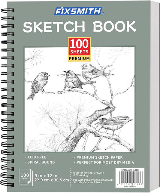 FIXSMITH 9"X12" Sketch Book, 100 Sheets, 68 lb/100gsm Sketchbook, Green | Acid Free Drawing Paper | Spiral Bound Artist Sketch Pad | for Kids, Beginners, Artists & Professionals | Bright White