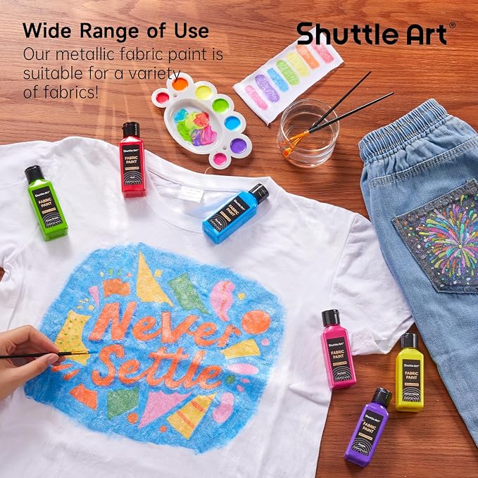Metallic Fabric Paint, Shuttle Art 18 Metallic Colors Permanent Soft Fabric Paint in Bottles (60ml/2oz) with Brush and Stencils, Non-Toxic Textile Paint for T-shirts, Shoes, Jeans, Bags & DIY Projects