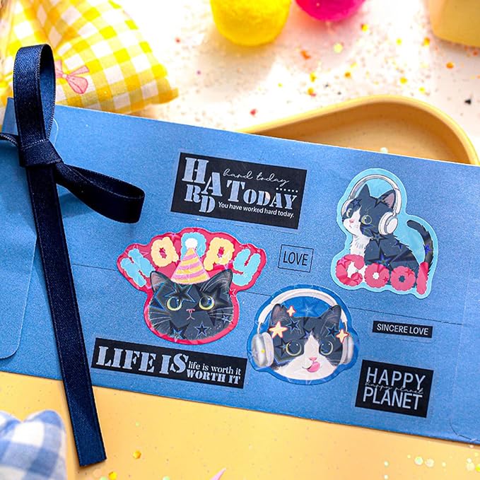 120Pcs Holographic Cat Stickers with Iridescent Finish Cute Kitten Vinyl Decals for Laptop Water Bottle Scrapbook Phone Case Waterproof Animal Stickers for Adults Pet Lovers