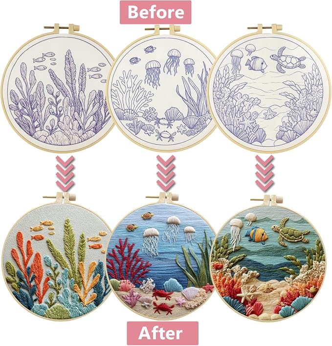LYMIGER 3 Packs Embroidery Kit for Adults, Embroidery for Beginners (Sea)