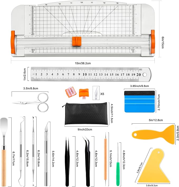 Famomatk 23PCS Weeding Tools for Vinyl, Craft Weeding Tools Set with 12Inch Paper Cutter and Trimmer for Scrapbooking,Silhouettes,Cameos,Lettering,Cutting,Craft Paper, Labels and Cardstock(White)