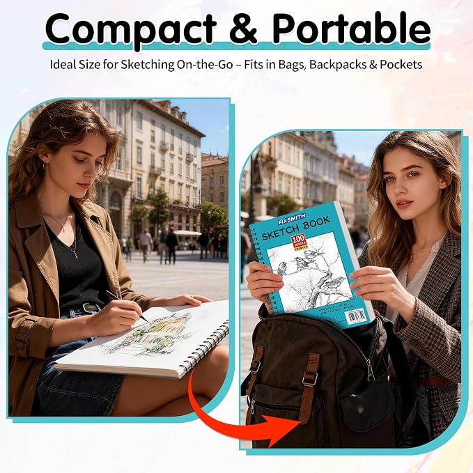 FIXSMITH 9"X12" Sketch Book, 100 Sheets, 68 lb/100gsm,4 Pack Teal | Acid Free Drawing Paper | Spiral Bound Artist Sketch Pad | for Kids, Beginners, Artists & Professionals | Bright White
