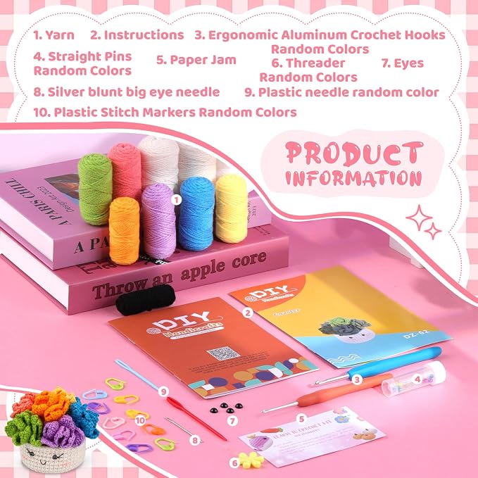Hssugi Crochet Kit for Beginners 6PCS Potted Plant Coasters Crochet Kit | Crochet Starter Kit with Step-by-Step Video Tutorials, Crochet Hooks, Learn to Crochet Kits for Adult Beginners