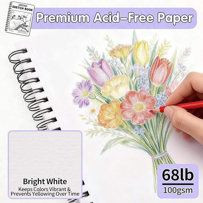 FIXSMITH 9"X12" Sketch Book, 100 Sheets, 68 lb/100gsm Sketchbook, Purple | Acid Free Drawing Paper | Spiral Bound Artist Sketch Pad | for Kids, Beginners, Artists & Professionals | Bright White