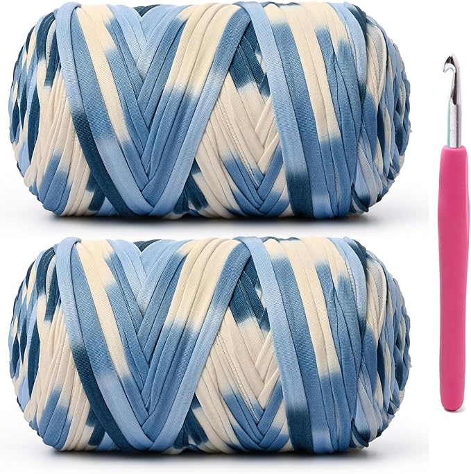 2 Pack Soft Tshirt Crochet Yarn, 800g/228yds High Elastic Hand Knitting Yarns, Thick T Shirt Yarn for Crocheting Bags, Baskets, Cushions, DIY Crafts(2 Blue-White)