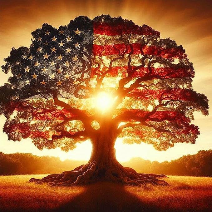 JXDXDJ 5D Diamond Painting Kits for Beginners,Ancient Tree Full Drill Diamond Art Kits for Adults,DIY American Flag Round Diamond Dots for Adults Crafts,Gem Painting Home Wall Decor 13.78x13.78 Inch
