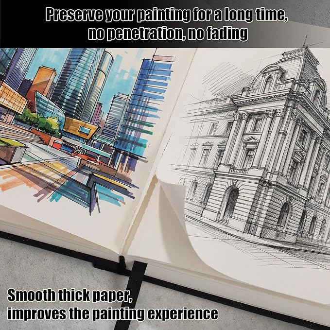 Hardcover Sketchbook 5×7 in, 180 GSM, 80 Sheets/160 Pages, Black | Acid-Free Heavy Paper, Pu Cover, Perforated Pages, Elastic Closure, Back Pocket, for Drawing & Sketching