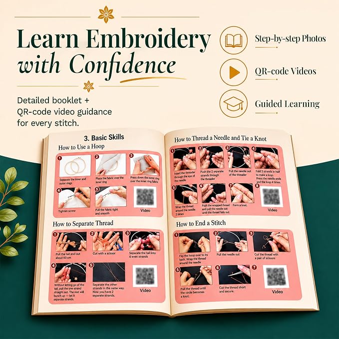 Bradove Beginner Embroidery Kit for Adults and Kids | Hand Embroidery Kit for Beginners with Patterns, Learn to Embroider Kit Adult Beginner, Stitches Practice, Learn to Sew