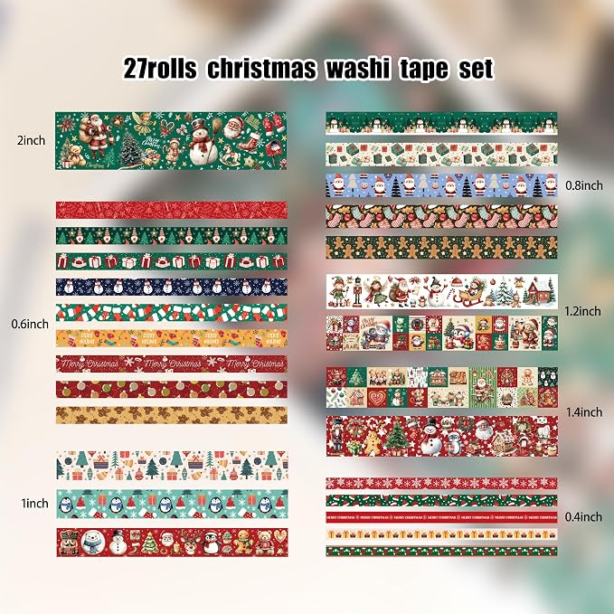 27 Rolls Christmas Vintage Washi Tape Set - Retro Holiday Decorative Tapes with Snowman, Santa, Christmas Tree Designs - DIY Craft Supplies for Scrapbooking, Journaling, Gift Wrapping