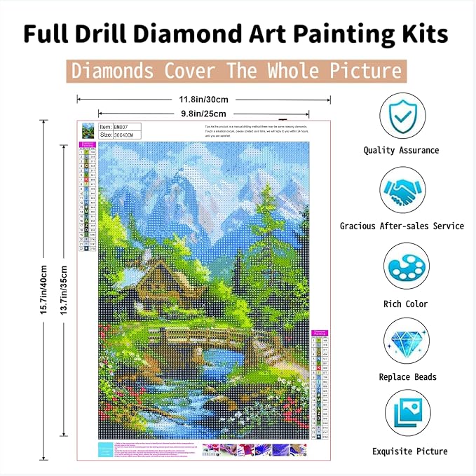PINFFSHU Landscape Diamond Painting Kit for Adults: Rustic Wood Cabin, Wildflower Meadow, Sparkling Stream & Snowy Peaks - 5D DIY Full Round Drill Diamond Art Kits Home Wall Art Decor, 12x16 Inch
