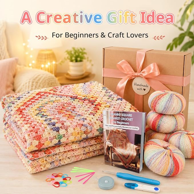 Coopay Crochet Kit for Beginners, Variegated Granny Square Blanket Kit